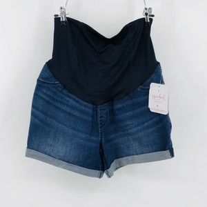 Blue Midi Jean Shorts Crossover Panel Size 8